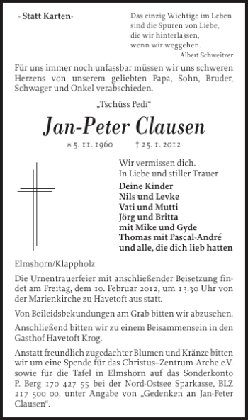 Traueranzeige von Jan-Peter Clausen von Elmshorner Nachrichten