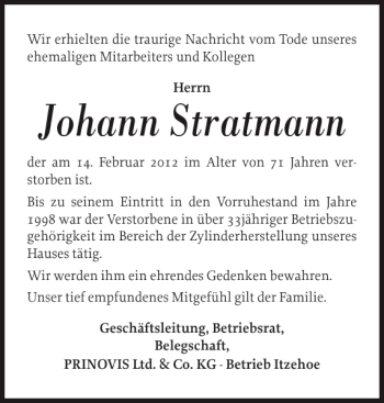 Traueranzeige von Johann Stratmann von Norddeutsche Rundschau