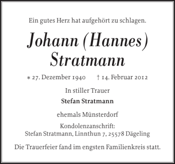 Traueranzeige von Johann Hannes Stratmann von Norddeutsche Rundschau