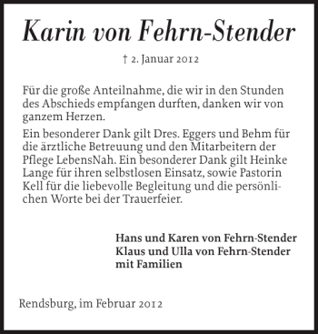 Traueranzeige von Karin von Fehrn-Stender von Landeszeitung