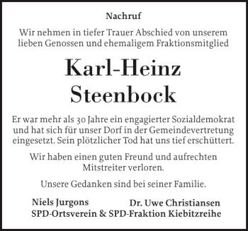 Traueranzeige von Karl-Heinz Steenbock von Elmshorner Nachrichten