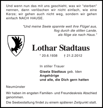Traueranzeige von Lothar Stadtaus von Holsteinischer Courier