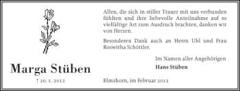 Traueranzeige von Marga Stüben von Elmshorner Nachrichten