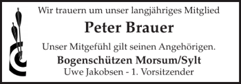 Traueranzeige von Peter Brauer von Sylter Rundschau