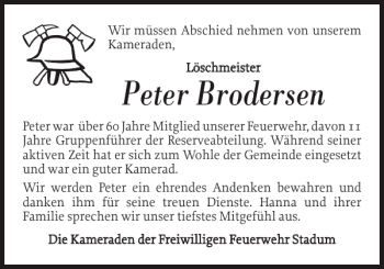 Traueranzeige von Peter Brodersen von Nordfriesland Tageblatt