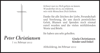 Traueranzeige von Peter Christiansen von Flensburger Tageblatt
