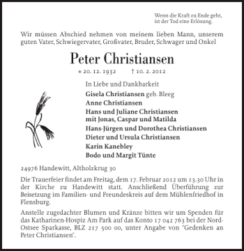Traueranzeige von Peter Christiansen von Flensburger Tageblatt