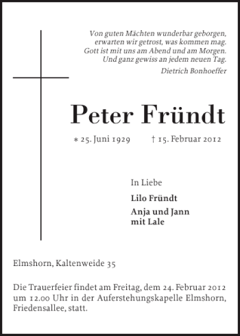 Traueranzeige von Peter Fründt von Elmshorner Nachrichten