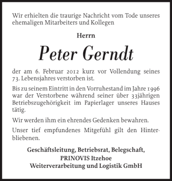 Traueranzeige von Peter Gerndt von Norddeutsche Rundschau