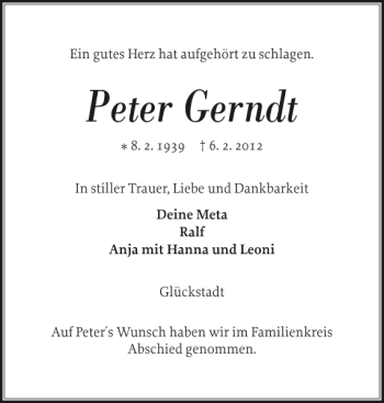 Traueranzeige von Peter Gerndt von Norddeutsche Rundschau