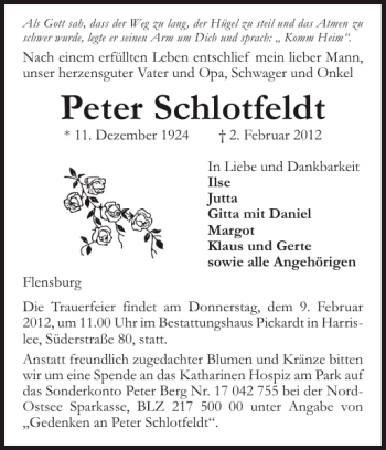 Traueranzeige von Peter Schlotfeldt von Flensburger Tageblatt