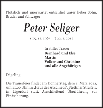 Traueranzeige von Peter Seliger von Norddeutsche Rundschau
