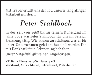 Traueranzeige von Peter Stahlbock von Flensburger Tageblatt