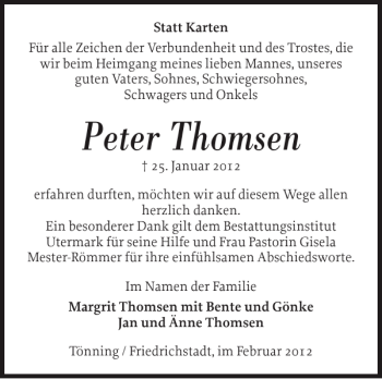 Traueranzeige von Peter Thomsen von Husumer Nachrichten