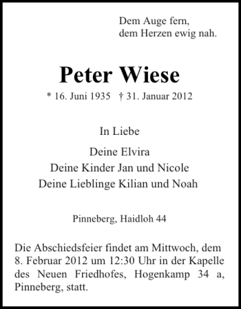 Traueranzeige von Peter Wiese von Pinneberger Tageblatt
