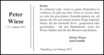 Traueranzeige von Peter Wiese von Pinneberger Tageblatt