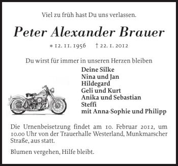 Traueranzeige von Peter Alexander Brauer von Husumer Nachrichten