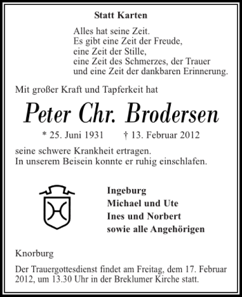 Traueranzeige von Peter Chr. Brodersen von Flensburger Tageblatt