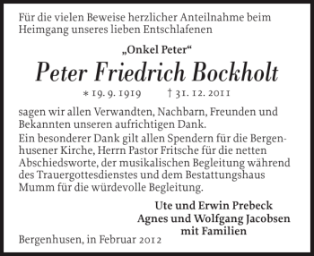 Traueranzeige von Peter Friedrich Bockholt von Flensburger Tageblatt