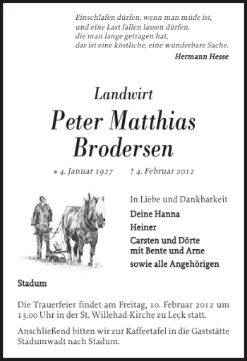 Traueranzeige von Peter Matthias Brodersen von Husumer Nachrichten