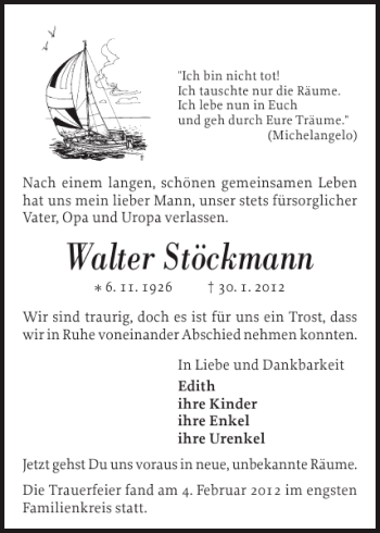 Traueranzeige von Walter Stöckmann von Flensburger Tageblatt
