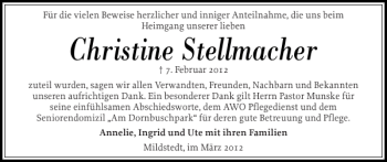 Traueranzeige von Christine Stellmacher von Husumer Nachrichten