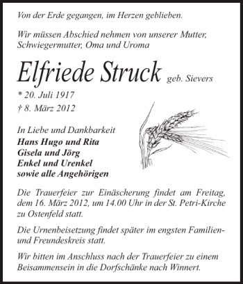 Traueranzeige von Elfriede Struck von Husumer Nachrichten