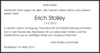 Traueranzeige von Erich Stolley von Landeszeitung