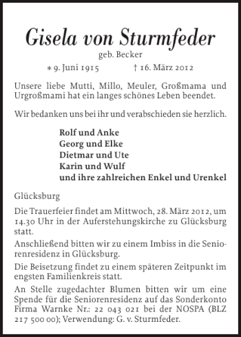 Traueranzeige von Gisela von Sturmfeder von Flensburger Tageblatt