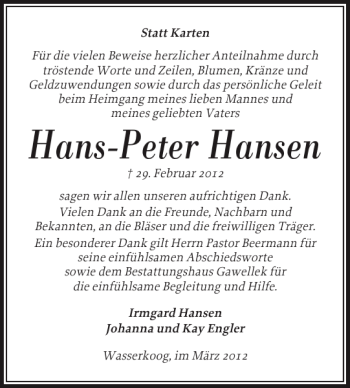 Traueranzeige von Hans-Peter Hansen von Husumer Nachrichten