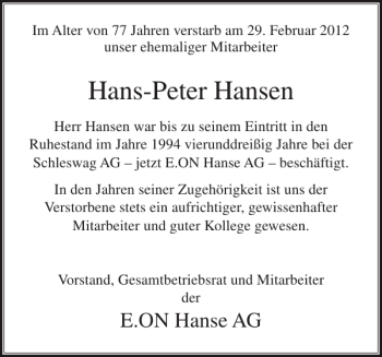 Traueranzeige von Hans-Peter Hansen von Husumer Nachrichten