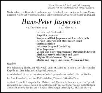 Traueranzeige von Hans-Peter Jaspersen von Flensburger Tageblatt