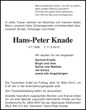 Traueranzeige von Hans-Peter Knade von Holsteinischer Courier