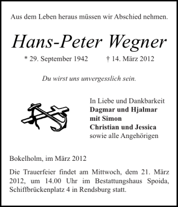 Traueranzeige von Hans-Peter Wegner von Landeszeitung