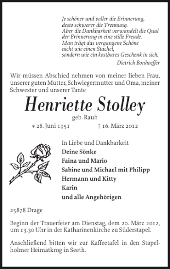 Traueranzeige von Henriette Stolley von Husumer Nachrichten