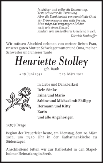 Traueranzeige von Henriette Stolley von Husumer Nachrichten