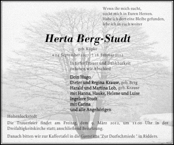 Traueranzeige von Herta Berg-Studt von Norddeutsche Rundschau