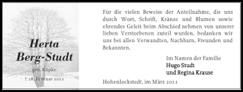 Traueranzeige von HertaBerg-Studt  von Norddeutsche Rundschau