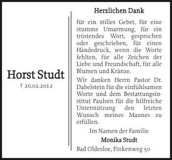 Traueranzeige von Horst Studt von Stormarner Tageblatt