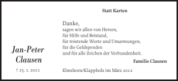 Traueranzeige von Jan-Peter Clausen von Flensburger Tageblatt