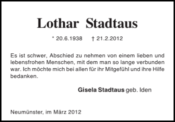 Traueranzeige von Lothar Stadtaus von Holsteinischer Courier