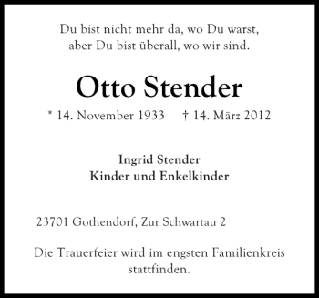 Traueranzeige von Otto Stender von Ostholsteiner Anzeiger