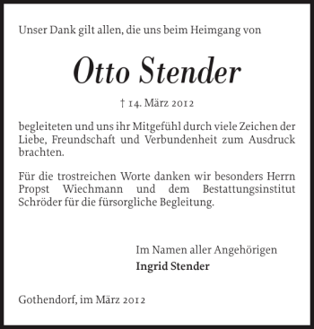 Traueranzeige von Otto Stender von Ostholsteiner Anzeiger