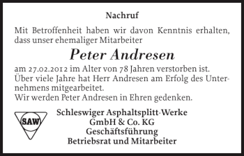 Traueranzeige von Peter Andresen von Schleswiger Nachrichten