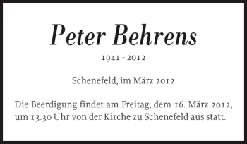 Traueranzeige von Peter Behrens von Norddeutsche Rundschau