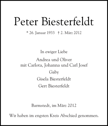 Traueranzeige von Peter Biesterfeldt von Elmshorner Nachrichten