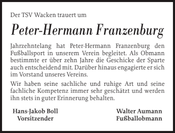 Traueranzeige von Peter-Hermann Franzenburg von Norddeutsche Rundschau