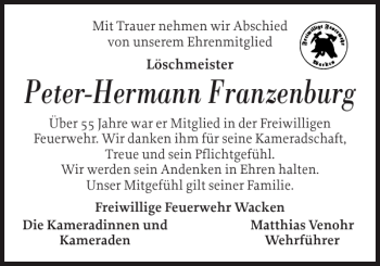 Traueranzeige von Peter-Hermann Franzenburg von Norddeutsche Rundschau
