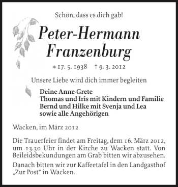 Traueranzeige von Peter-Hermann Franzenburg von Norddeutsche Rundschau