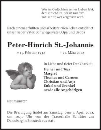 Traueranzeige von Peter-Hinrich St.-Johannis von Holsteinischer Courier